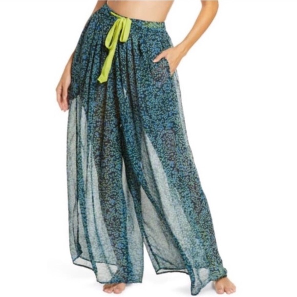 Free People Sleepin In Sheer Blue Green Wide Leg Lounge Pajama Pants Size XS - Picture 1 of 14
